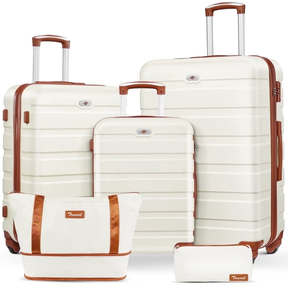 5 Pcs Travel Luggage Sets, 20 24 28 inch Carry-on and Checked Suitcase with Expandable Duffle Bags, White&Brown