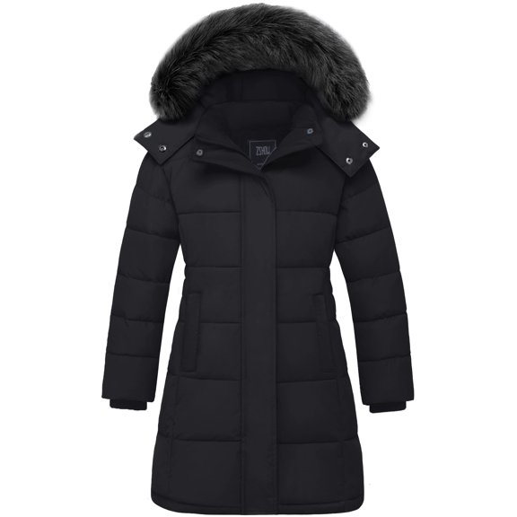 ZSHOW Girls' Recycled Coat Warm Waterproof Puffer Parka Jacket with Removable Hood Black 10/12