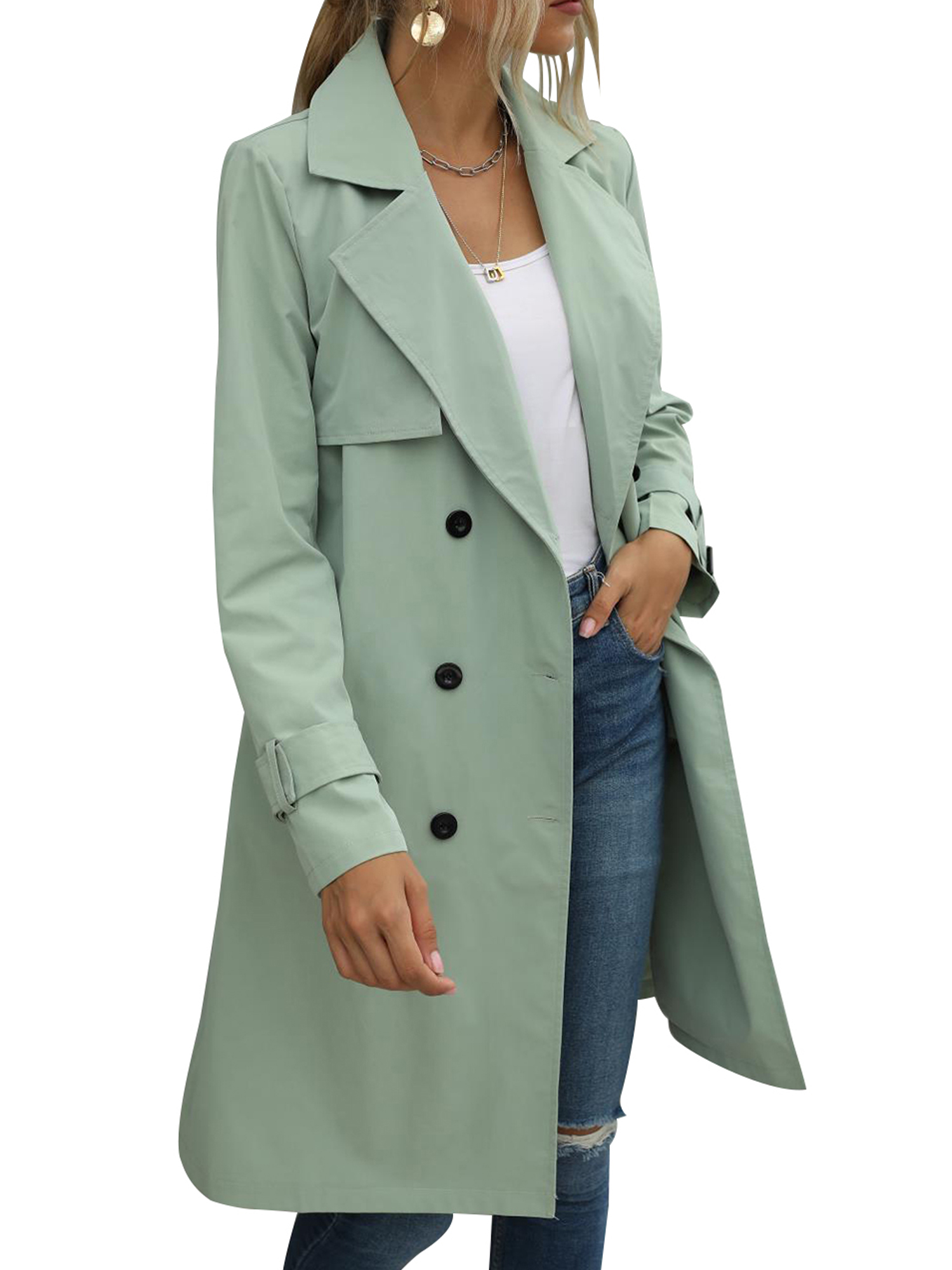 Spring hue Women Jacket Long Sleeve Lapel Double Breasted Belted Trench Coat - image 3 of 6