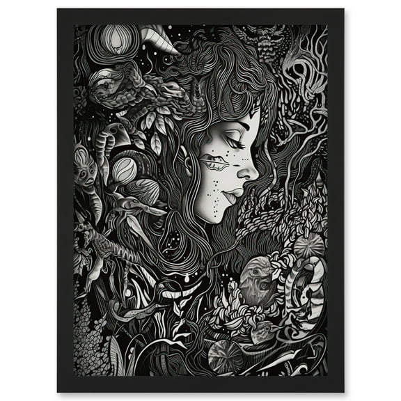 Nature Goddess Black and White Modern Illustration Artwork Framed Wall Art Print A4