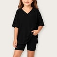 thumbnail image 3 of Iyufng Old Girls 2 Piece Outfits Summer Casual Sets Solid Color V-Neck Short Sleeve Top and Shorts 4-15 Years, 3 of 7