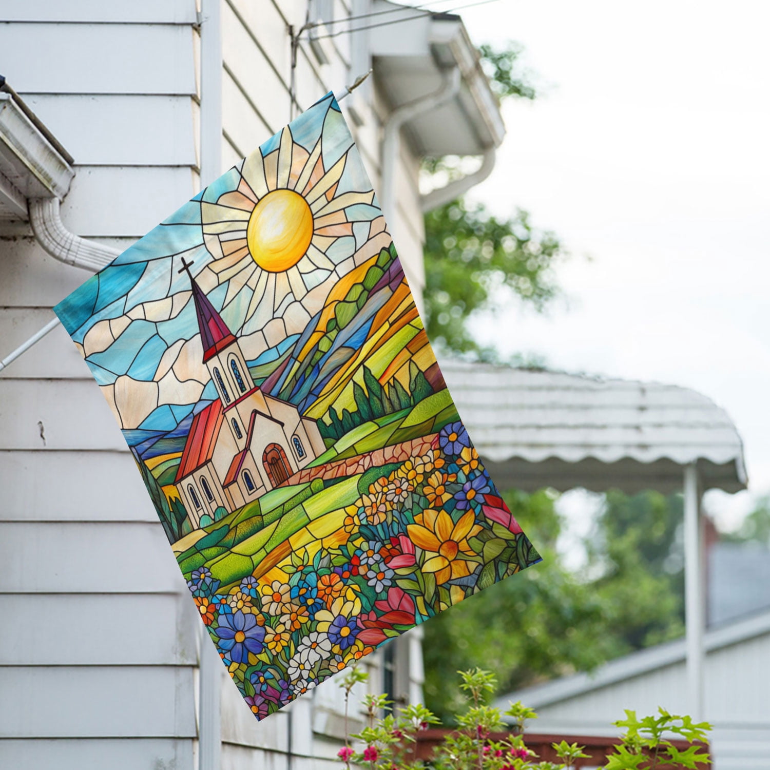 America Forever Stained Glass Church House Flag, 28 x 40 inch Double Sided, Church Stained Glass Window Art, Country Church Sun Wildflower, Sacred Art Flag