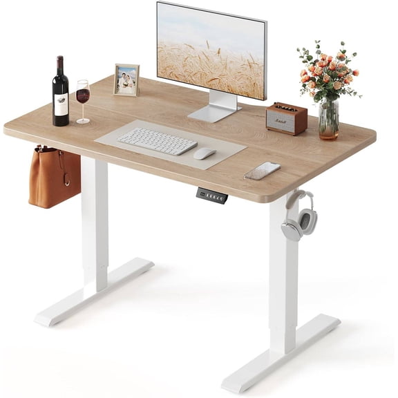 40 x 24 Inch Electric Height Adjustable Standing Desk, Sit-Stand Office Desk with Splice Top, White Frame / Maple Finish