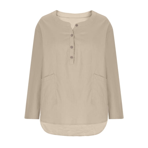 Womens Cotton Linen Dressy Blouses, Long Sleeve Shirts for Women Fall Lightweight Casual Plus Size Solid Color Button Up V Neck T-Shirts with Pockets S-5XL