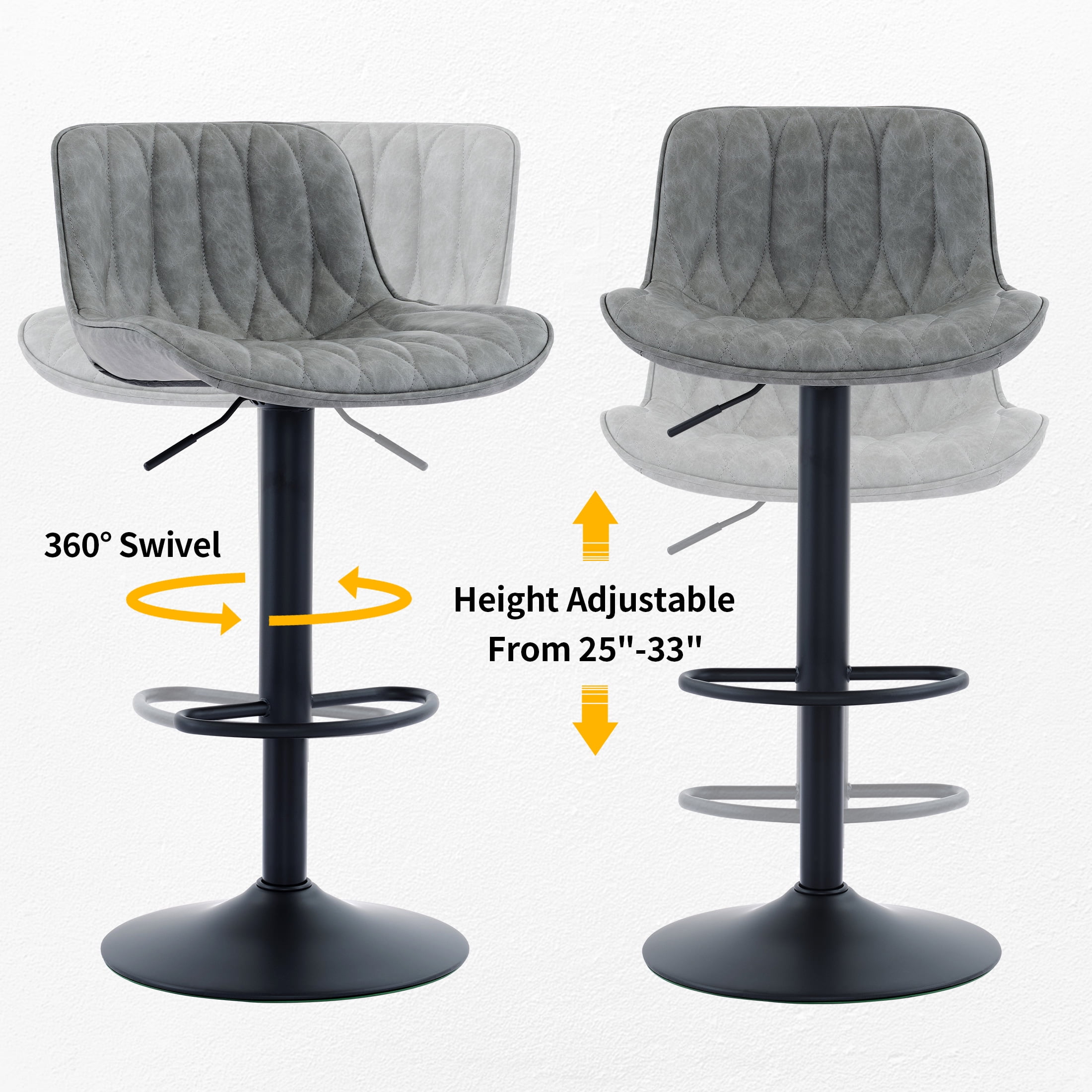 FIRAVOE Swivel Bar Stools Set of 2 (Adjustable Height 25"-33") Counter Height Bar Stools with Back, Modern Faux Leather Barstools for Kitchen Island, Gray