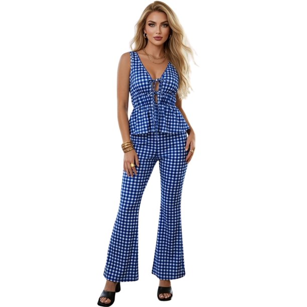 Conjunto para Mujer 2 Piezas Blusa Peplum con Escote y Pantalón Acampanado Set Casual Estampado Cuadros