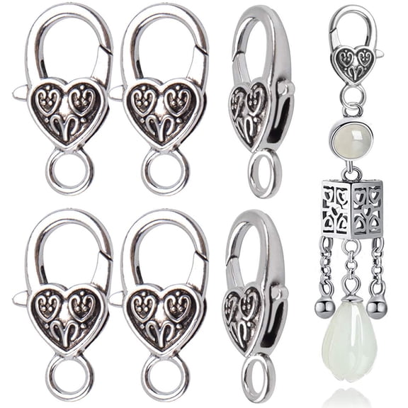 20 Pieces Alloy Large Heart Lobster Claw Clasp Jewelry Cord End for DIY Making Necklace Bracelet, Antique Silver 2.6 X 1.5cm