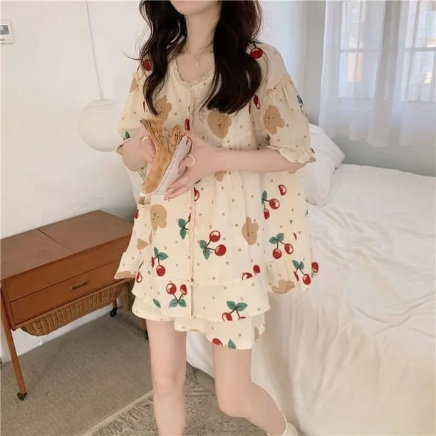 Pijamas vivos para mujer, pantalones cortos de manga corta con diseño de oso de verano, cárdigan, ropa para el hogar dulce, conjunto de dos piezas para mujer