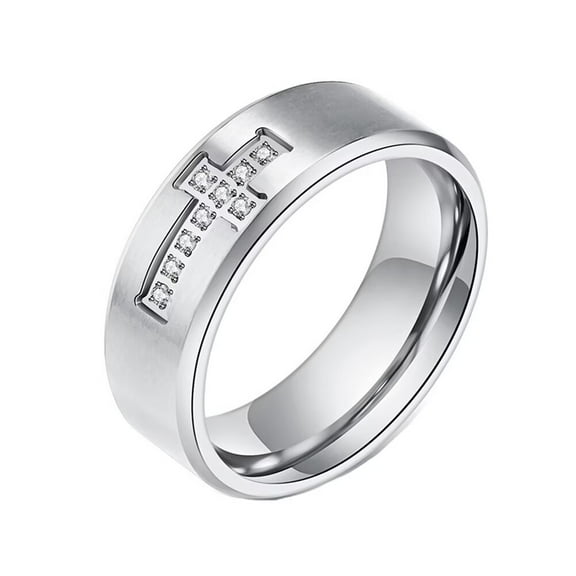 PAURO Women Men 8mm Stainless Steel Carved Ring Christian Cross Religious Inlay Cubic Zirconia Wedding Band Statement Anniversary Ring Silver Size 7