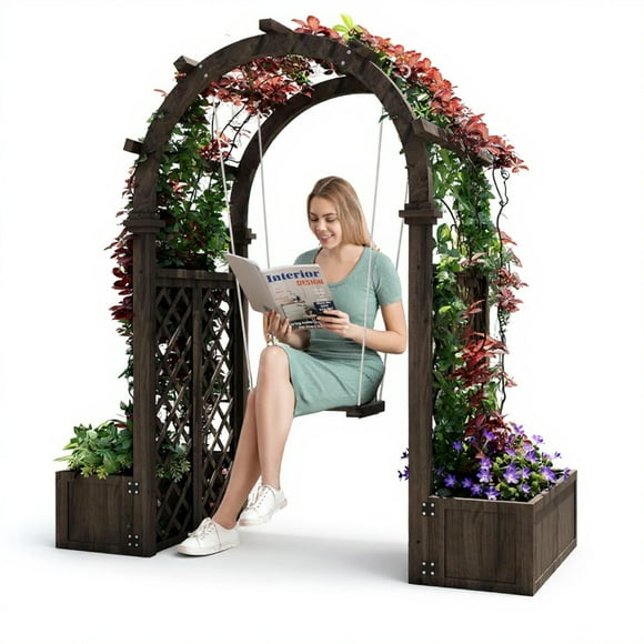 Garvee Treillis d'Arche Extérieur 62 Pouces x 65 Pouces, Tonnelle de Jardin en Bois avec Bacs à Plantes et Balançoire, Gris