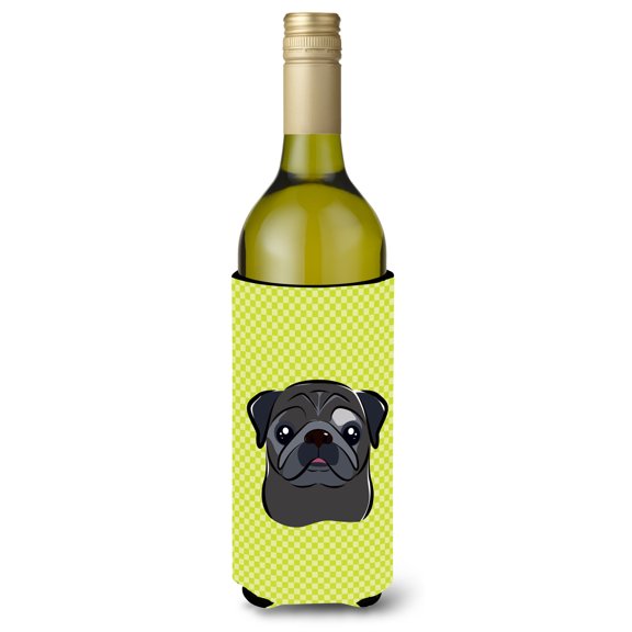 Carolines Treasures Checkerboard Lime Green Black Pug Wine Bottle Beverage Insulator Hugger Wine Bottle multicolor