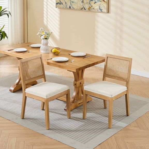 Leumius Dining Chairs Set of 2, Cane Upholstered Kitchen Side Chair with Natural Hardwood Frame for Kitchen, Dining Room, Living Room Beige