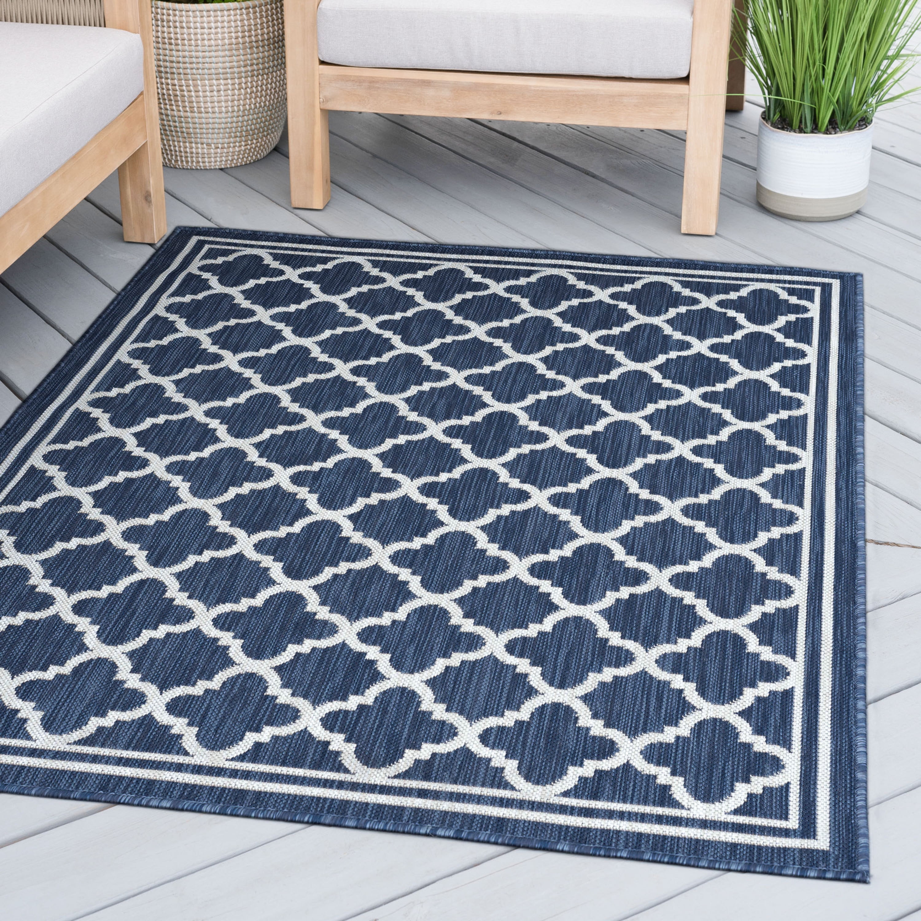 8x10 Water Resistant, Large Indoor Outdoor Rugs for Patios, Front Door Entry, Entryway, Deck, Porch, Balcony | Outside Area Rug for Patio | Navy, Geometric | Size: 7'10'' x 10'2''