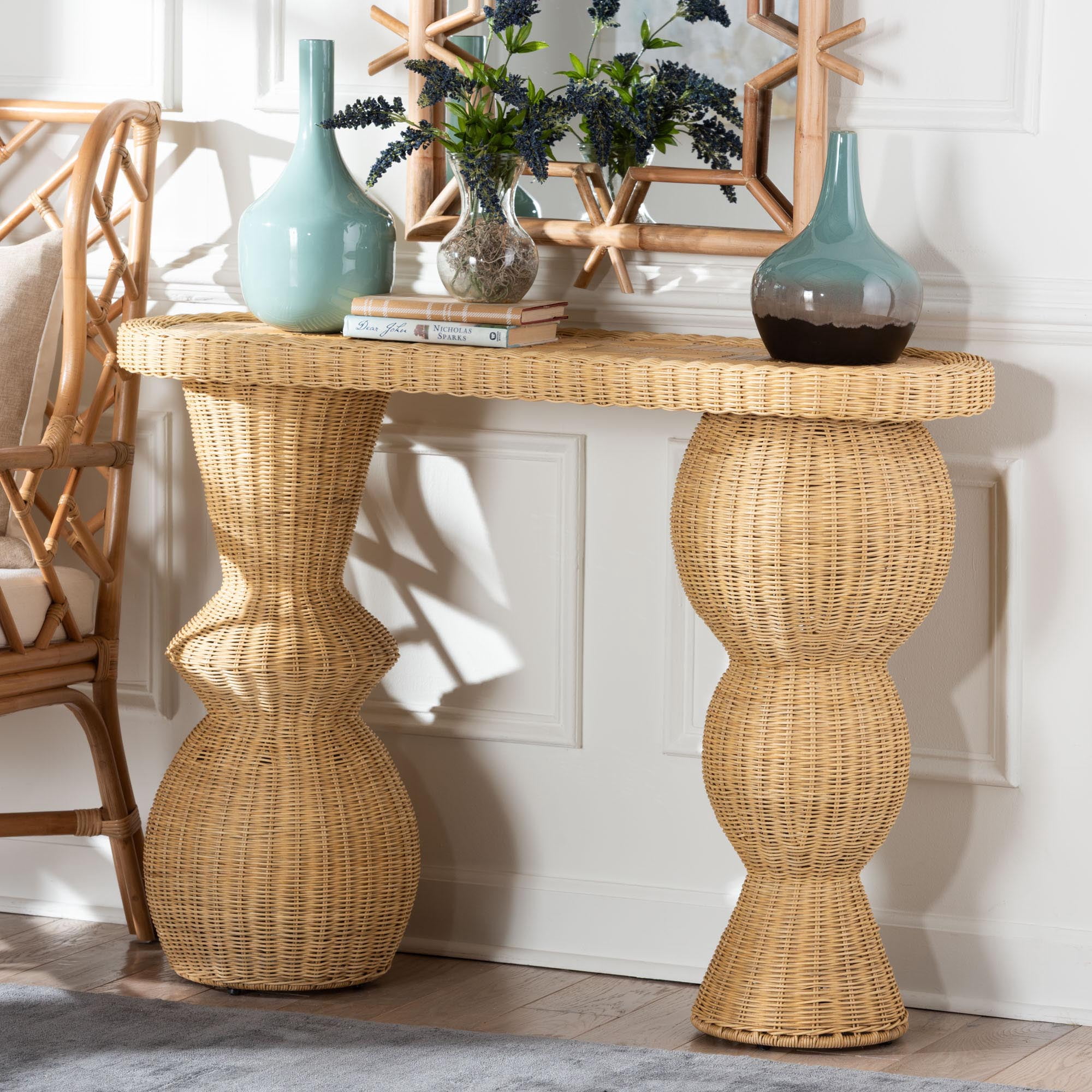 bali & pari Hisao Boho Console Table, Natural Rattan