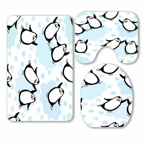 YUSDECOR Dancing Penguins Pattern 3 Piece Bathroom Rugs Set Bath Rug Contour Mat and Toilet Lid Cover