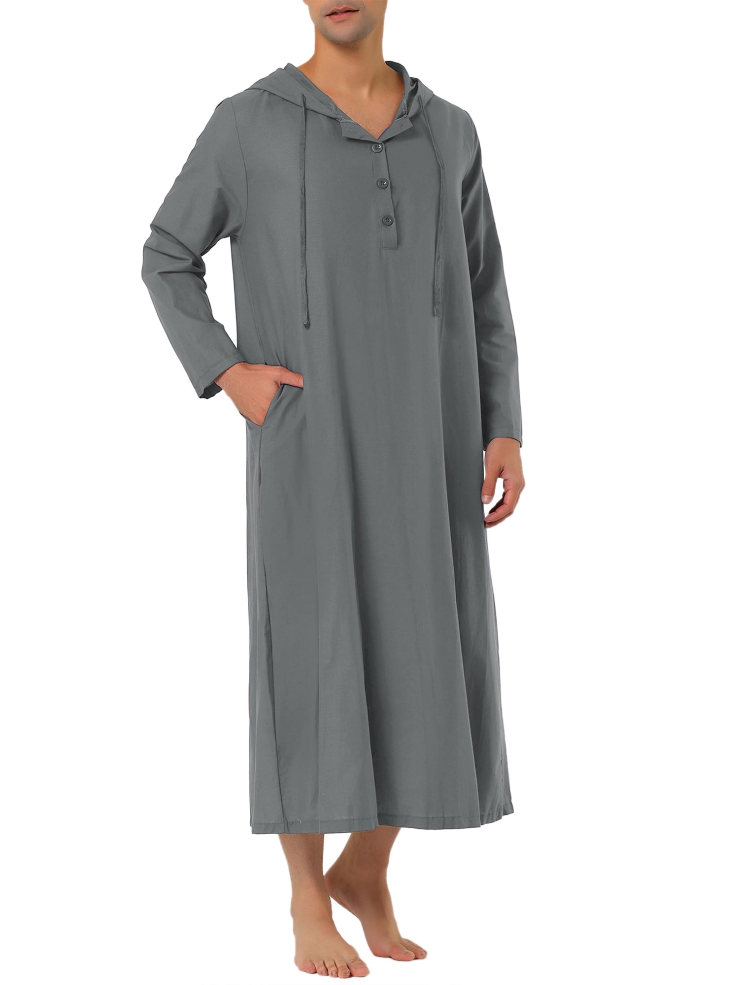 Unique Bargains Men's Nightshirt Long Sleeves Hooded Loungewear Nightgown Pajamas S Gray