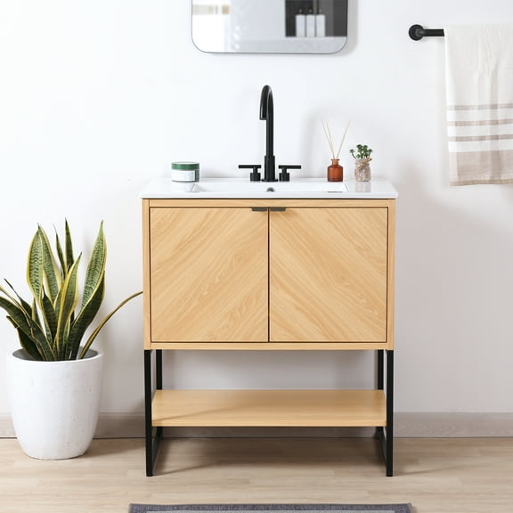JONATHAN Y Juhl 30 in. W x 18 in. D x 33 in. H, Chevron-Front 2-Shelf, Bath Vanity Cabinet ONLY, Oak, VAN1014A