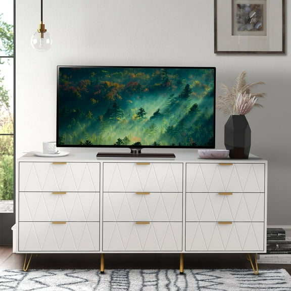 Eclife Line Texutre Dressers with 9-Drawers and Metal Handles Wood Chests of Drawers for Adult Bedroom Living Room Storage, White