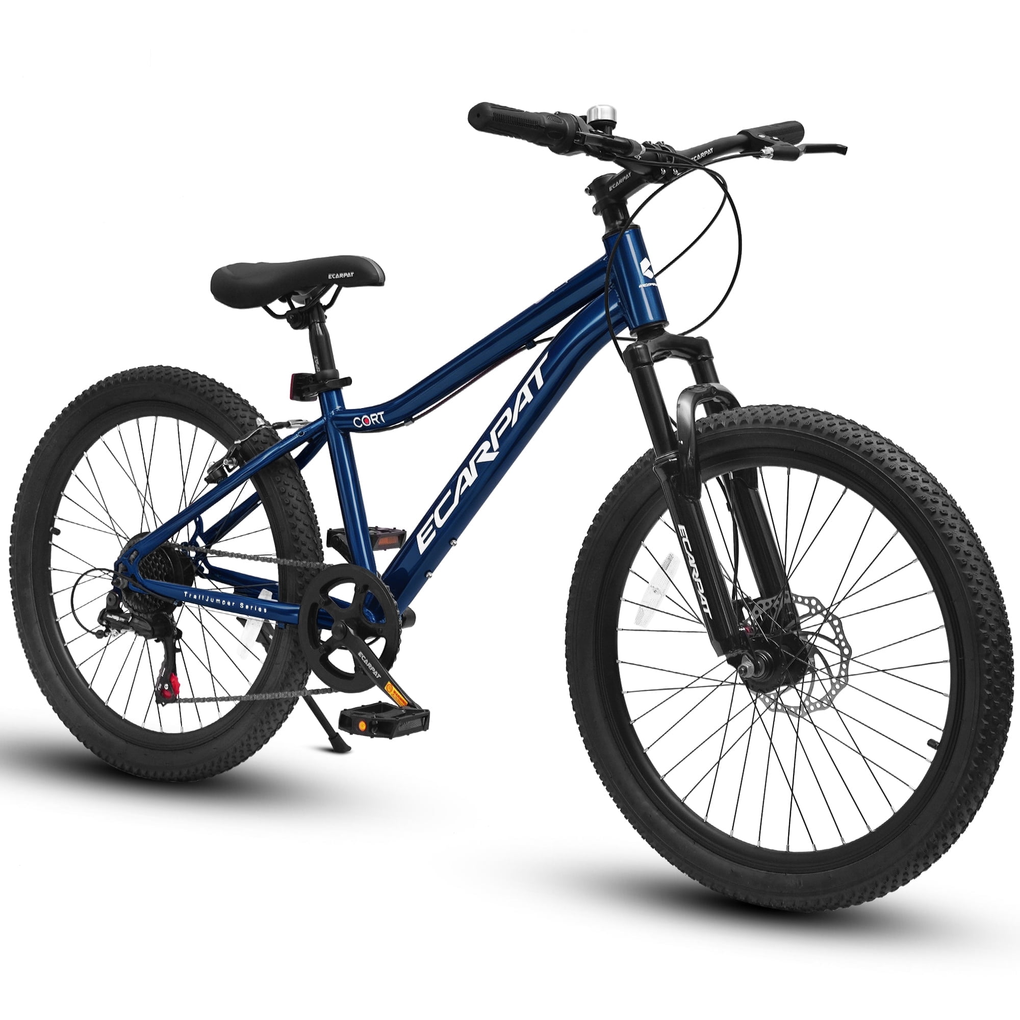 24 Inch Mountain Bike for Teenager, 7 Speed Mountain Bicycle with Front Suspension, Front Disc Brake and Rear V-Brake, Carbon Steel Frame Outdoor Cycling City Bike, Blue