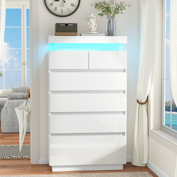 NEGYLIM 6 Drawer White Dresser, High Gloss Dresser with LED Light for Bedroom, Living Room, Hallway, Easy Assembly