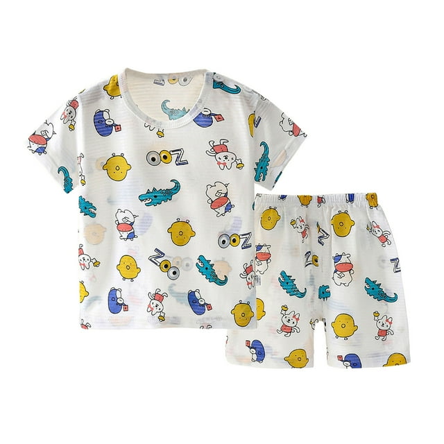 XDZJLR Pyjamas pour Garçons Tout-Petits Tenues de Nuit Manches Courtes Col Rond T-Shirt Imprimé Shorts Ensemble Pjs d'Été Doux Bleu 4-5 Ans
