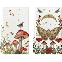 Beige Mushroom Moth Moon Kitchen Towels Dish Towels, 18x26 Inch Spring Flower Seasonal Decoration Hand Towels Set of 2