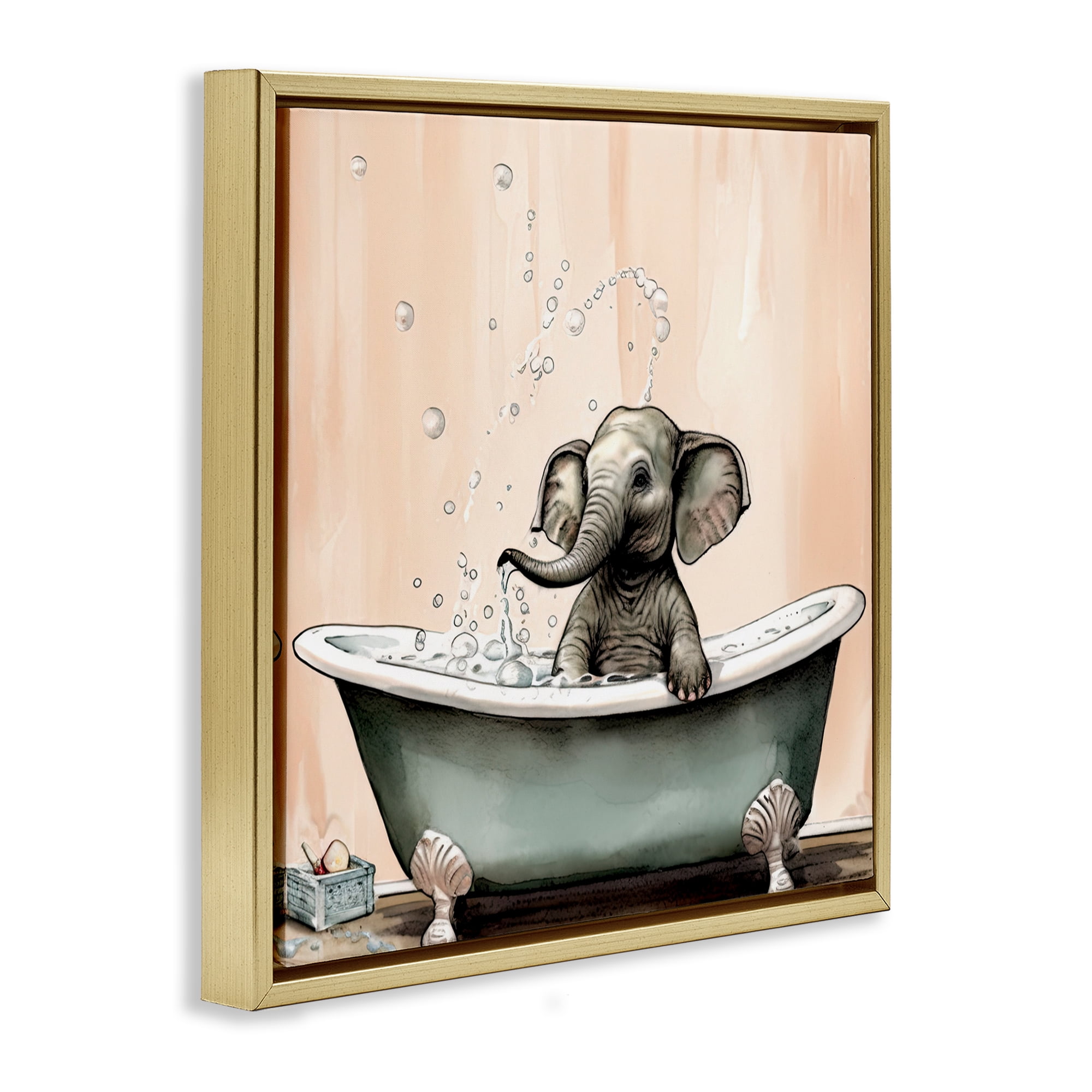 Baby Elephant Bubble Bath Gold Framed Floater Canvas Wall Art, design by Sasha