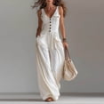 thumbnail image 2 of Casual Jumpsuits for Women Wide Leg Button Down V Neck Summer Baggy Sleeveless Loose Fit Boho Trendy Overalls for Women with Pockets White XL, 2 of 10