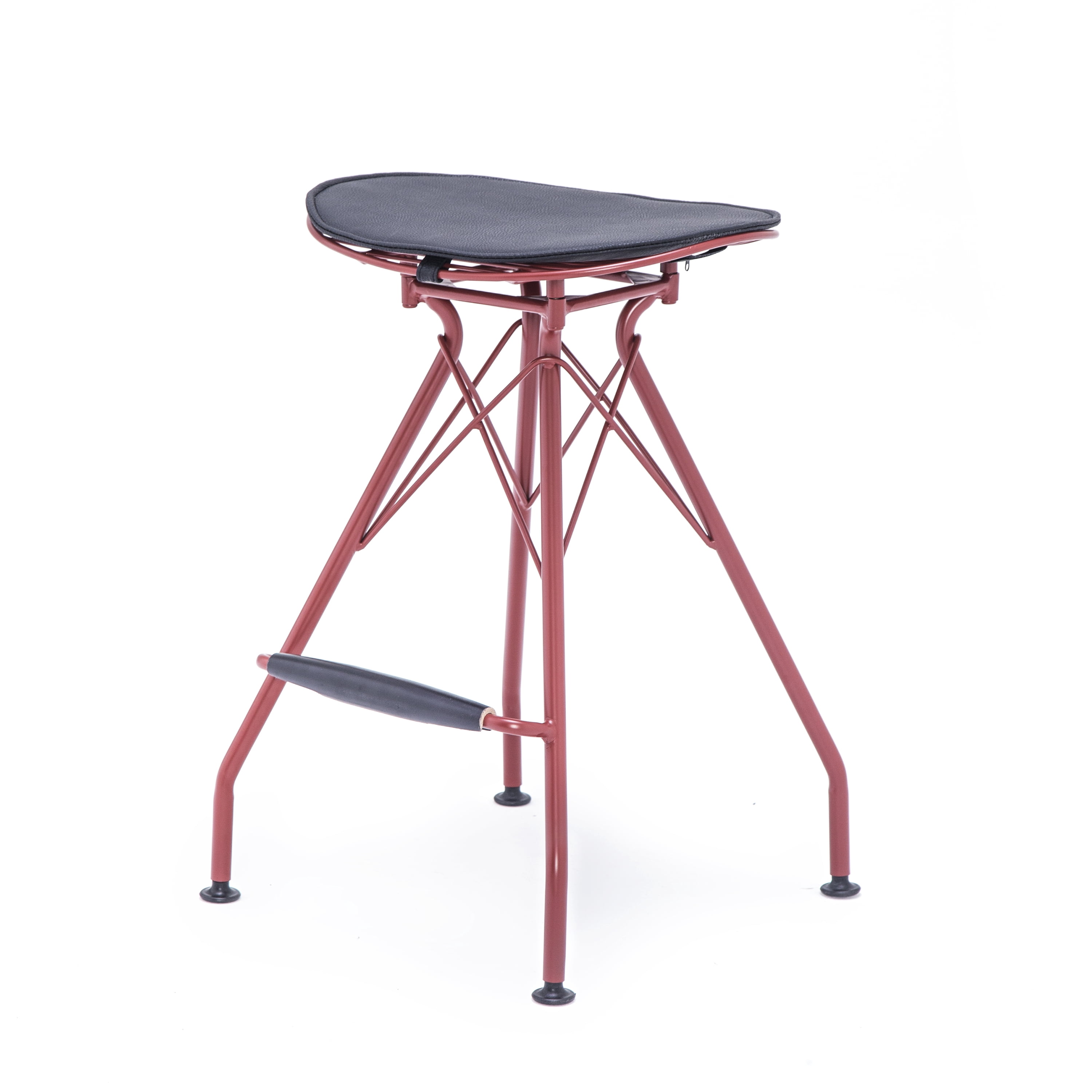 Industrial Metal Barstool with Faux Leather Seat Pad and Wood Accented Foot Rest, 24 Inch Seat Height, Dark Red, Set of 2