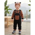 thumbnail image 6 of 3Pcs Infant Boy Outfit Crew Neck Long Sleeve Contrast Color Romper Suspender Pants and Dog Face Print Hat Set, 6 of 7