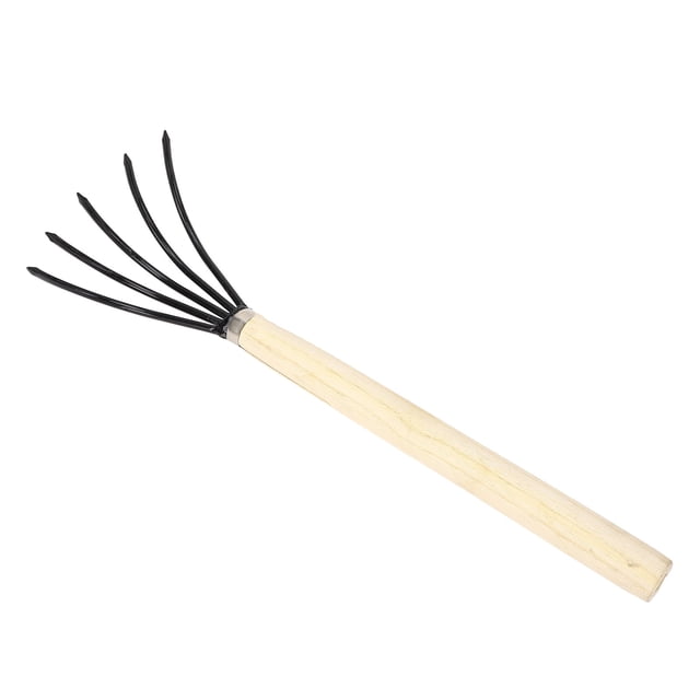 Heavy Duty Garden Hand Rake, Hand Rake Soil Tiller with 5 Carbon Steel Tines, Ergonomic Wooden Handle, Precise Handling, for Cultivating, Tilling, Aerating Soil