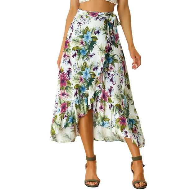 Falda midi Allegra K volantes estampado floral bohemio blanco XS