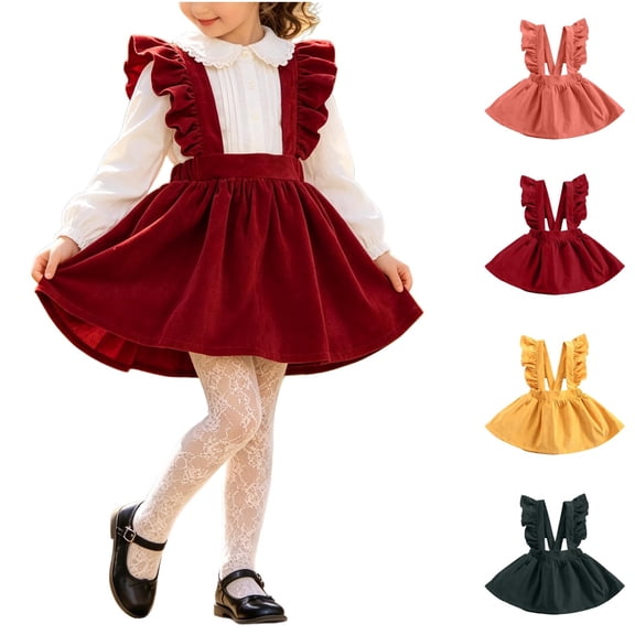 Acaics Toddler Girls Dress Solid-Color Corduroy Long-Sleeve Ruffled Overalls Dress