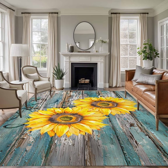 Large Area Rugs for Living Room Bedroom, Yellow Sunflowers Vintage 5'x8' Rug Washable Carpet Runner Indoor Outdoor, Turquoise Gradient Wooden Grain Non Slip Floor Mats Rug for Kitchen, Bathroom