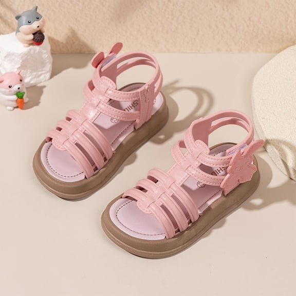 ITSAME Girls Sandals, Open Toe Comfy Anti-Slip Soft Rubber Flats Summer Fashion Casual Beach Sandals Pink 2(Big Kids)