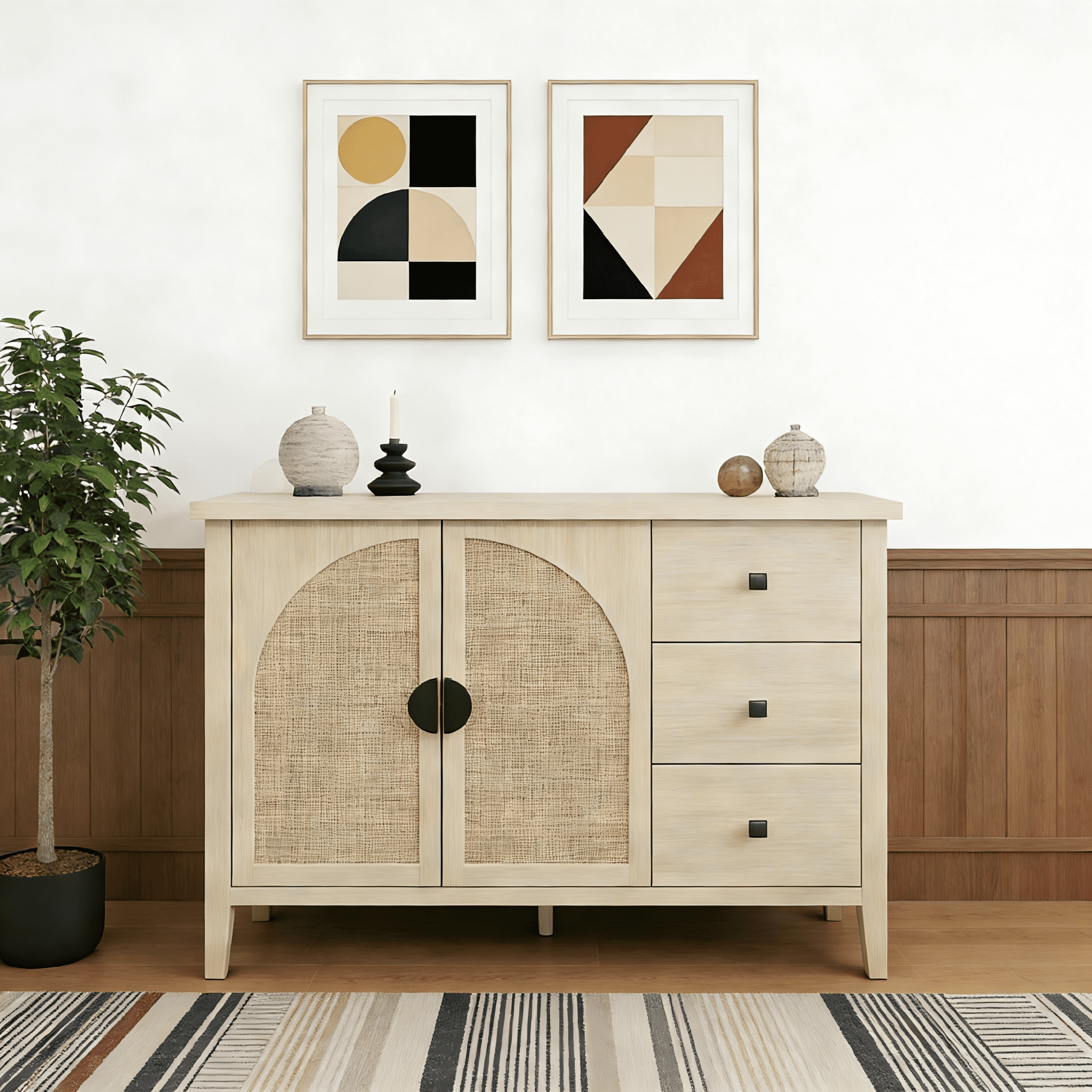 Gewnee Rattan 2 Door 3 Drawer Cabinet, Suitable for Bedroom, Living Room, Study