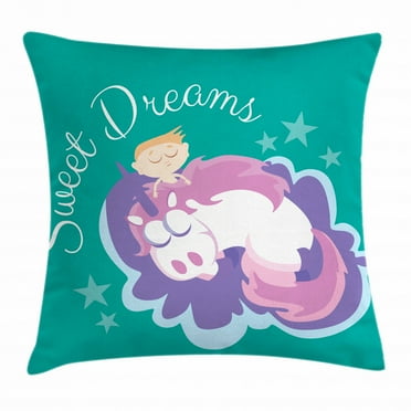 Sweet Dreams Throw Pillow Cushion Cover, Cartoon Fantastic Horse with a Horn Mythical Creature Sleeping Next to a Boy, Decorative Square Accent Pillow Case, 20 X 20 Inches, Multicolor, by Ambesonne