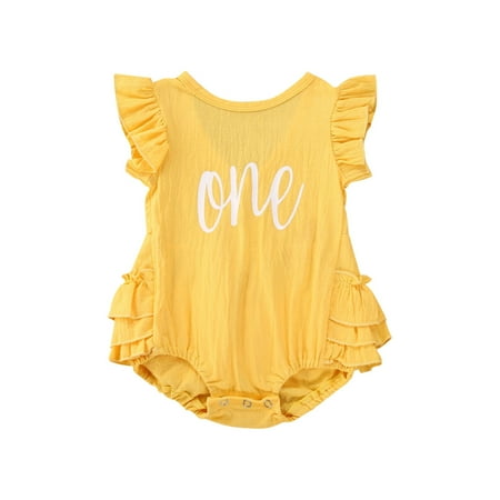 

Infant Baby Girl First Birthday Outfit Ruffle Sleeve One Letter Backless Romper