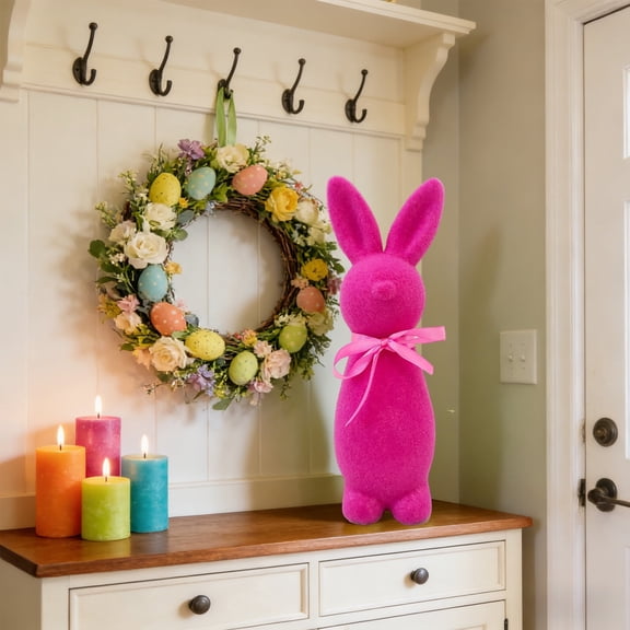 Sruoe Easter Flocked Bunny Ornament Hot Pink, Easter Decorations for Home Easter Bunny Tabletop Ornament with Satin Bow, Spring Decor Farmhouse Gift for Holiday Desktop Mantel Shelf