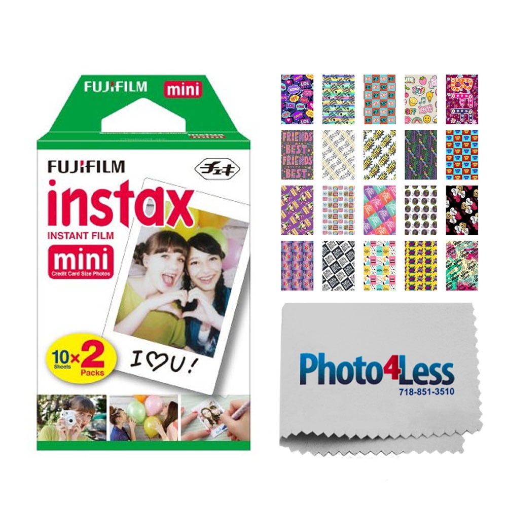 Fujifilm instax mini Instant Film (20 Exposures) + 20 Sticker Frames for Fuji Instax Prints BFF Package + Photo4Less Cleaning Cloth – Deluxe Accessory Bundle