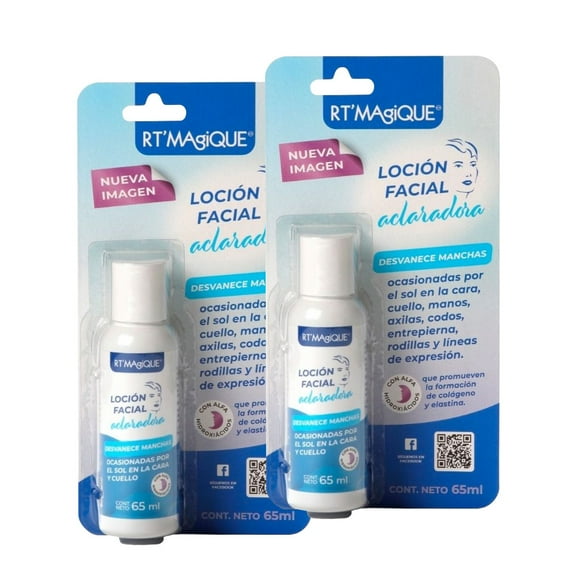 RT MAGIQUE | Loción Aclarante 65 ml| Aclarador de piel | Despigmentante facial con Ácido Láctico y Glicólico | Uso Nocturno | Quita manchas para piel por Sol y Acné | Aclarador de axilas, Cara
