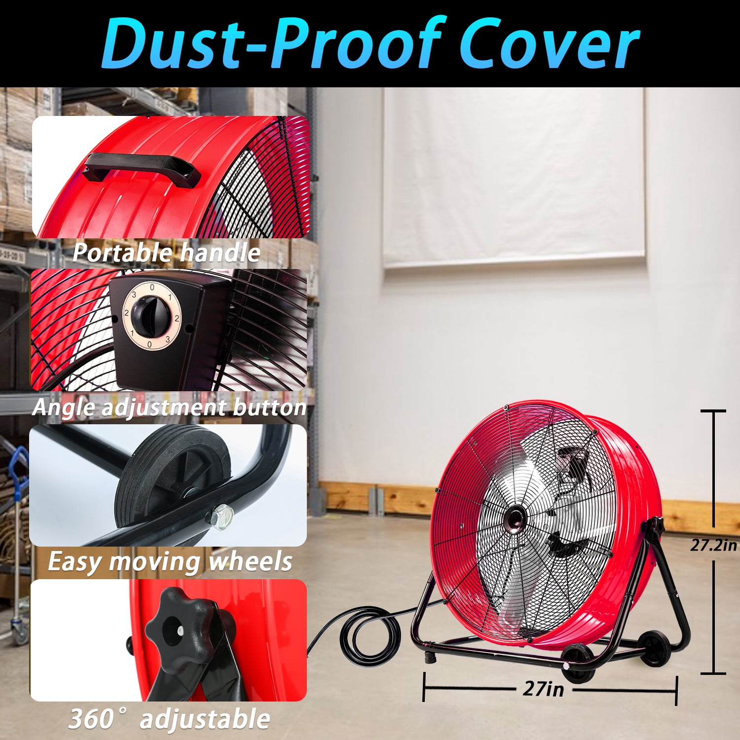 Industrial Fan 24 Inch Heavy Duty Drum 3 Speed 8100 CFM Air Circulation High Velocity Fan For Warehouse, Workshop, Factory, Commercial, Residential and Greenhouse Red