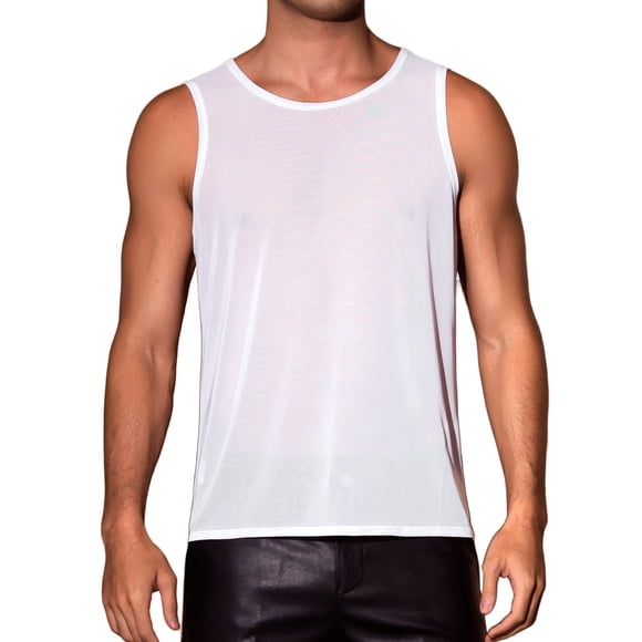 INSPIRE CHIC Mesh Sheer Tank Top for Men's See Through Sleeveless Tee Shirts Crew Neck Party Vest M White