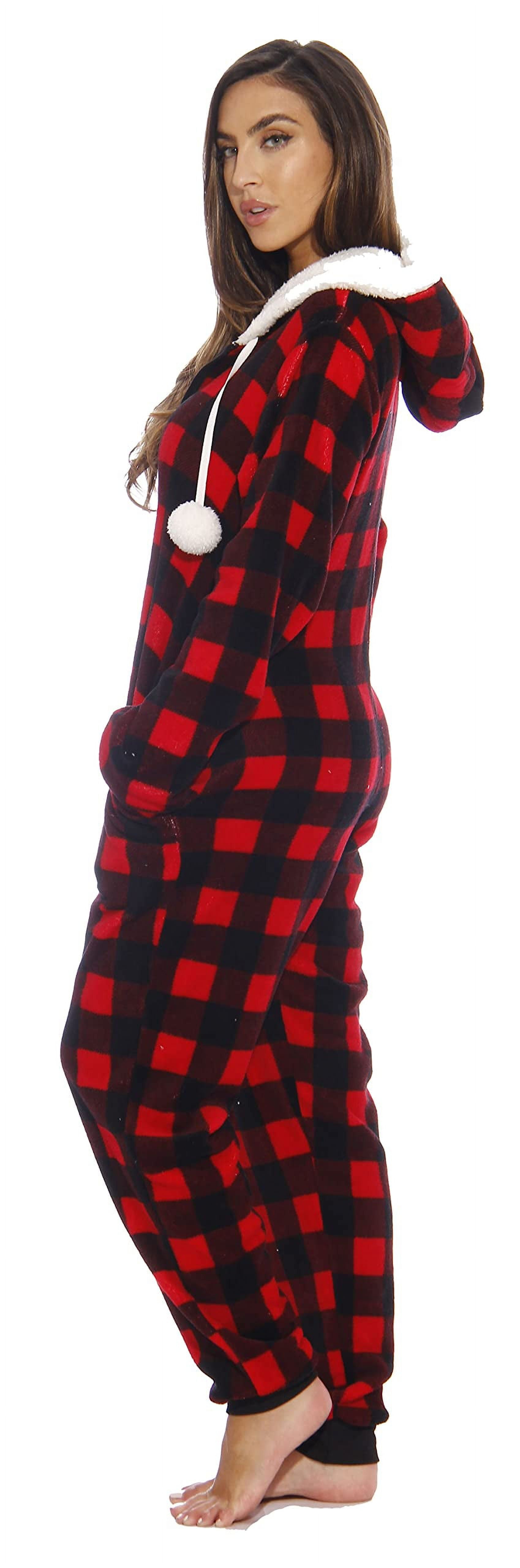 Just Love Buffalo Plaid Adult Onesie Sherpa Lined Hoody One Piece Pajamas (Red Buffalo Plaid, Large)