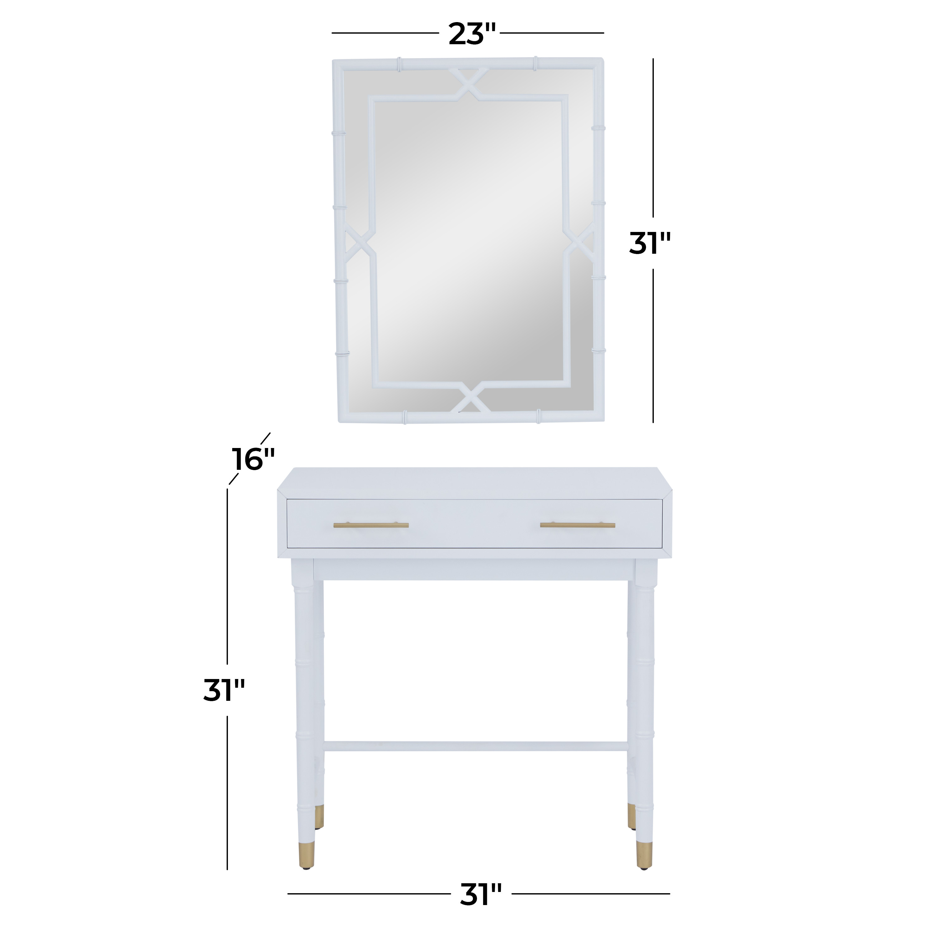 DecMode 31" x 31" White Wood Single Drawer Console Table with Mirror, 2-Pieces