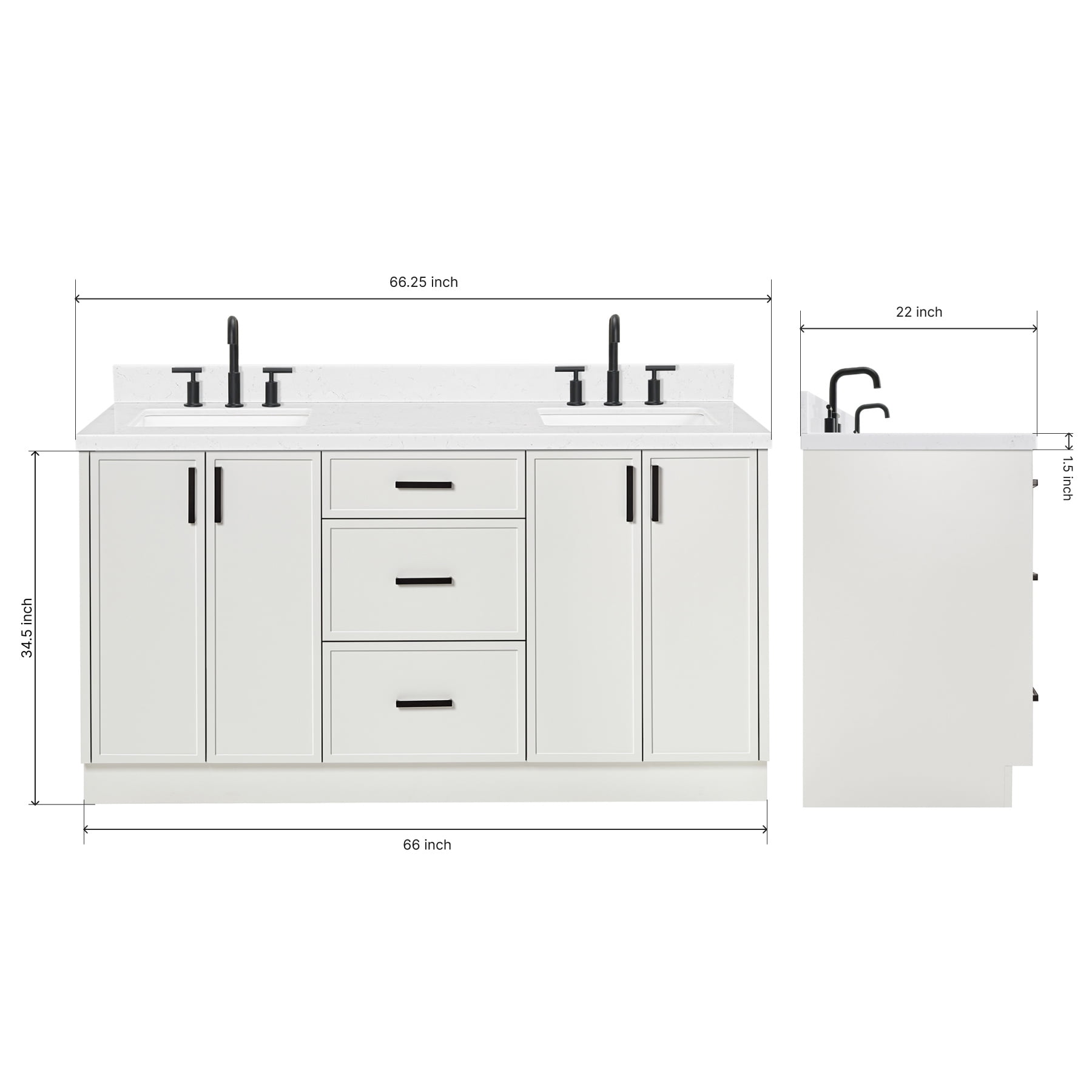 Ariel Kelly 66 Inch Double Rectangular Sink Bathroom Vanity With Carrara White Quartz Countertop 1.5 inch Edge In White