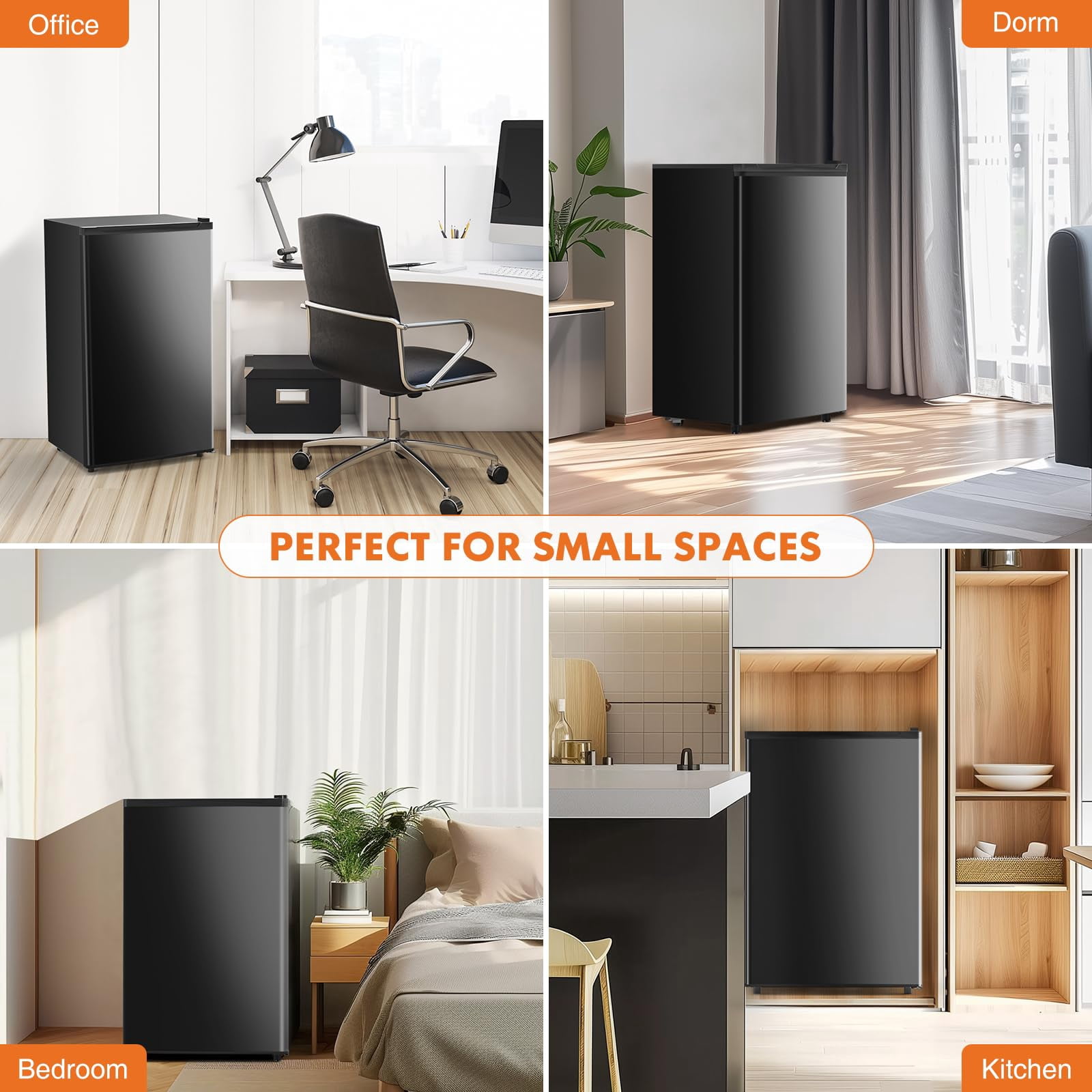 CONCETTA 3.2 Cu. ft. Small Refrigerator with Freezer, Compact Single Door Adjustable Thermostat, Low Noise, for Dorms, Offices, 17.7 in. Deep x 17.7 in. Wide x 31.5 in. High, Black