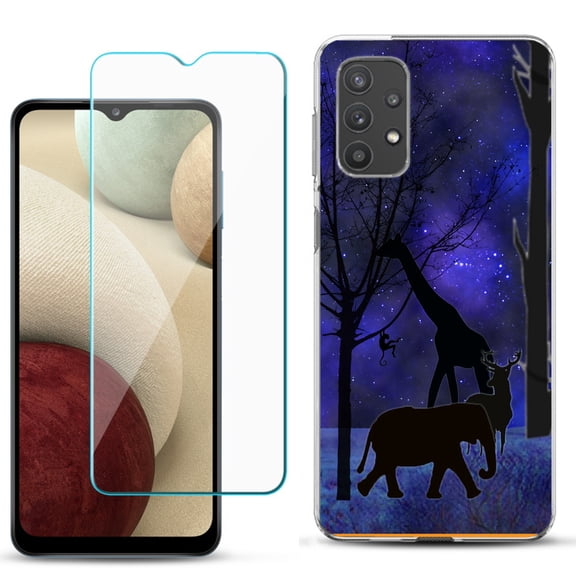 Slim-Fit TPU Phone Case compatible with Samsung Galaxy A32 5G, with Tempered Glass Screen Protector, by OneToughShield ® - Midnight Safari