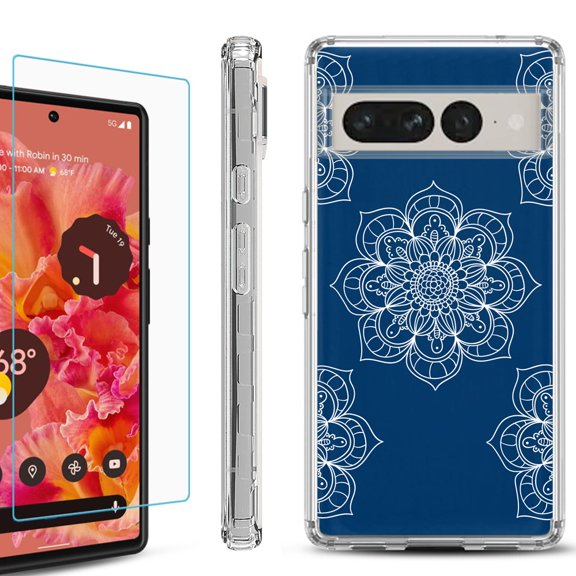 Shockproof Bumper Phone Case for Google Pixel 7 Pro, with Tempered Glass Screen Protector, by OneToughShield ® - Mandala / Blue