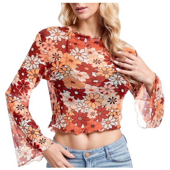 XIAONU Women's Floral Mesh Bell Sleeve Crop Top Slim Long Sleeve Crewneck Pullover Tops Sheer Retro Party Blouse